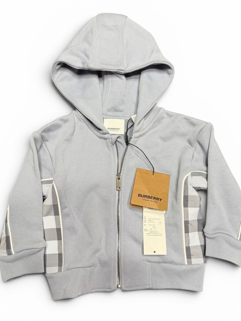 Burberry Light Gray Kids Hooded Zip Sweatshirt with Check Side Panels